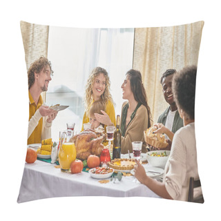 Personality  Happy Multiracial Family And Friends Enjoying Meals And Drinks While Gathering On Thanksgiving Day Pillow Covers