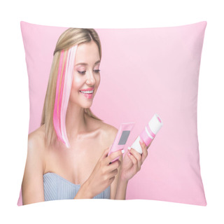 Personality  Happy Young Woman With Colorful Hair Strands Holding Hair Treatments Isolated On Pink Pillow Covers