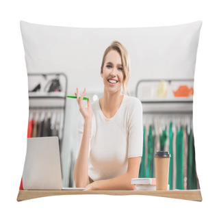 Personality  Positive Seller Holding Pen Near Laptop And Coffee To Go In Showroom  Pillow Covers