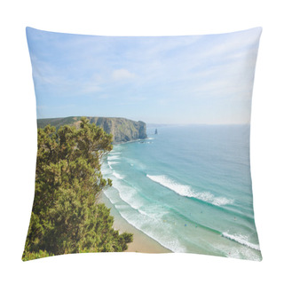 Personality  Beach In The Algarve Region Of Portugal. People Swimming And Surfing. Pine Trees At Foreground.  A View From The Top. Pillow Covers