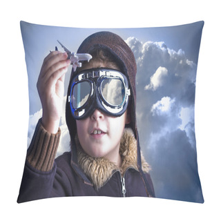 Personality  Little Boy In The Pilots Hat. Boy As An Old Style Pilot Holding Pillow Covers