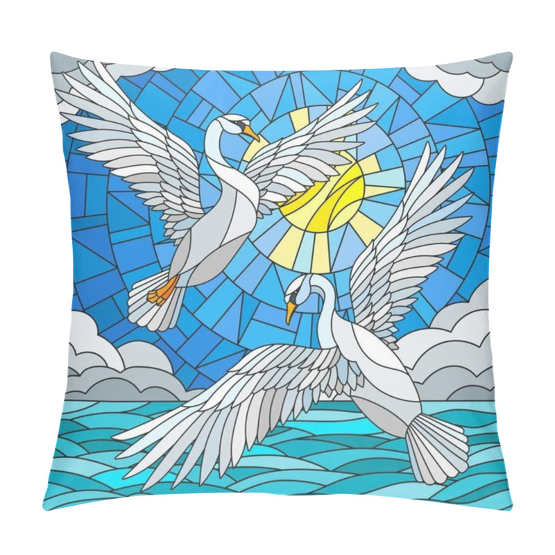 Personality  Illustration in stained glass style with a pair of  swans on the background of the daytime sky, water  and clouds pillow covers