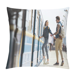 Personality  Couple Of Stylish Tourists With Backpacks And Map Going Into Train At Outdoor Metro Station  Pillow Covers