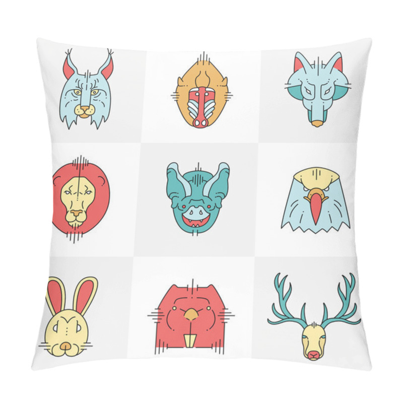 Personality  Set of animals linear flat icons, labels, illustrations for your design. Lynx, monkey, wolf, lion, bat, eagle, rabbit, beaver, deer pillow covers