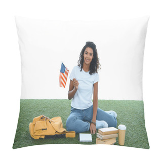 Personality  Teenage African American Student Girl With Usa Flag Sitting On Grass Isolated On White Pillow Covers