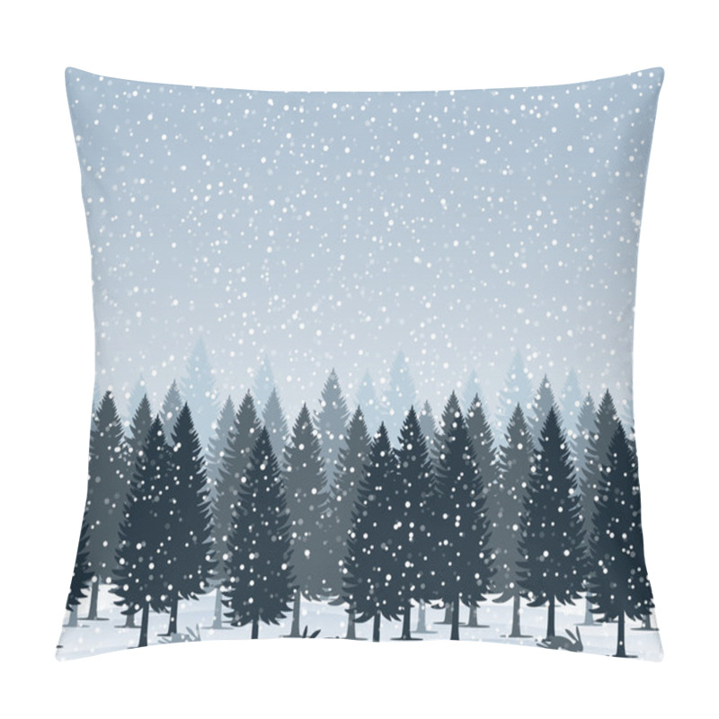 Personality  Seamless horizontal background, holiday trees against the blue sky with snow and rabbits, vector pillow covers