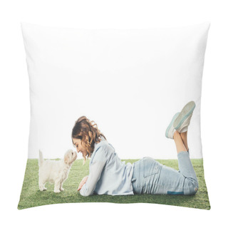 Personality  Side View Of Woman Looking At Havanese Puppy And Lying On Grass Isolated On White Pillow Covers