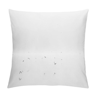 Personality  Flying Birds In Fog. Minimalistic Black And White Photo. Mystic Landscape With Foggy River. Monochrome Fine Art Pillow Covers