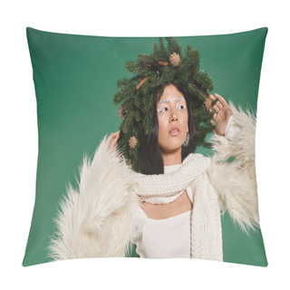 Personality  Holiday Spirit, Brunette Asian Woman With White Makeup And Trendy Outfit Posing In Wreath On Green Pillow Covers