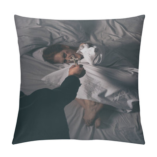 Personality  Exorcist Holding Cross Over Female Demon In Bed Pillow Covers