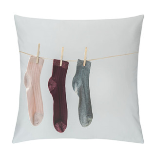 Personality  Close Up Of Multicolored Shiny Socks Hanging On Clothesline Isolated On Grey Pillow Covers