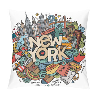 Personality  Cartoon Cute Doodles Hand Drawn New York Inscription. Colorful Illustration With American Theme Items. Line Art Detailed, With Lots Of Objects Background. Funny Vector Artwork Pillow Covers