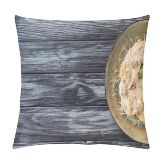 Personality  Top View Of Ravioli With Spinach And Ricotta Cheese On Plate On Wooden Table Pillow Covers