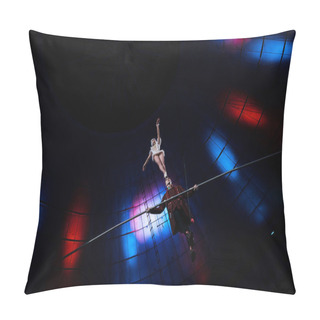 Personality  Low Angle View Of Handsome Gymnast Supporting Attractive Acrobat While Holding Pole  Pillow Covers