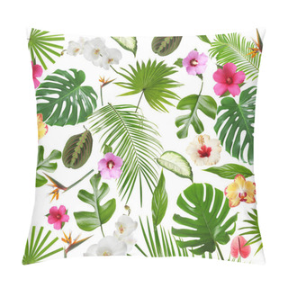 Personality  Set Of Beautiful Tropical Leaves And Flowers On White Background Pillow Covers