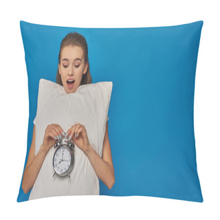 Personality  Amazed Young Woman Holding Pillow And Vintage Alarm Clock On Blue Background, Early Morning Pillow Covers