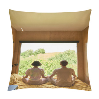 Personality  Back View Of Couple Sitting On Bed And Meditating Together Next To Window With Forest View Pillow Covers