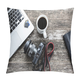 Personality  Laptop With Digital Camera And A Coffee Cup. Pillow Covers