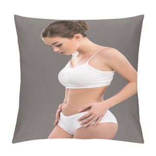 Personality  Beautiful Young Woman Posing In White Underwear, Isolated On Grey Pillow Covers