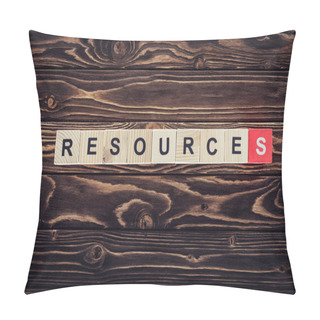 Personality  Top View Of Wooden Blocks Arranged In Resources Word On Brown Wooden Surface Pillow Covers