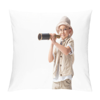 Personality  Curious Smiling Explorer Boy In Glasses And Hat Holding Spyglass Isolated On White Pillow Covers