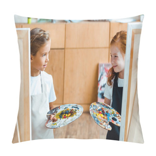 Personality  Selective Focus Of Kids Holding Colorful Palette And Looking At Each Other  Pillow Covers