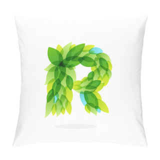 Personality  R Letter Logo Formed By Watercolor Fresh Green Leaves. Pillow Covers