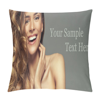 Personality  Happy Blonde Woman With Copy Space For Your Text Isolated On Gre Pillow Covers