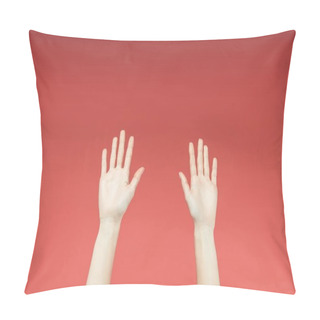 Personality  Cropped View Of Female Hands Raised Up, Isolated On Red Pillow Covers