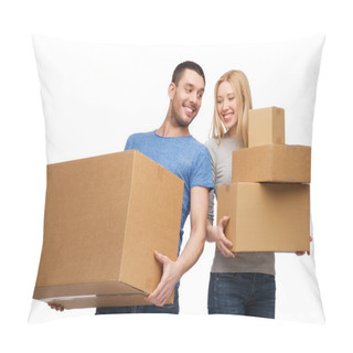 Personality  Smiling Couple Holding Cardboard Boxes Pillow Covers