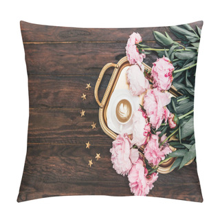 Personality  Beautiful Peonies On Metal Tray On Dark Wooden Table Pillow Covers