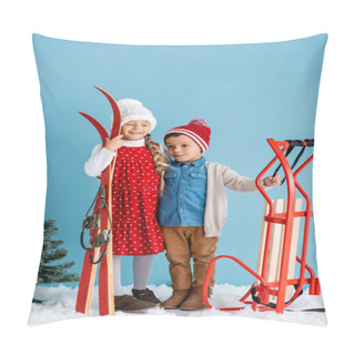 Personality  Children In Winter Outfit Holding Skis And Sleight While Standing On Snow Isolated On Blue  Pillow Covers