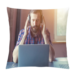 Personality  Handsome Bearded Man  In Headphones Listening To Music With Lapt Pillow Covers