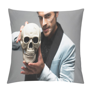 Personality  Blurred Man In Halloween Makeup Showing Scary Skull While Looking At Camera Isolated On Grey Pillow Covers