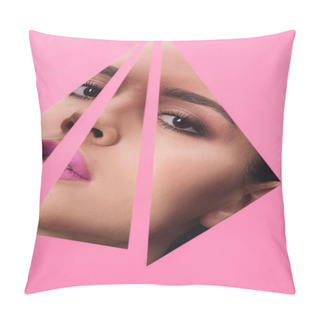 Personality  Beautiful Woman With Smoky Eyes And Pink Lips Looking Across Triangular Holes In Paper  Pillow Covers