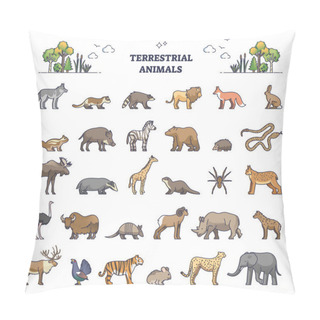 Personality  Terrestrial Animals Group As Living Species On Land Outline Collection Set Pillow Covers