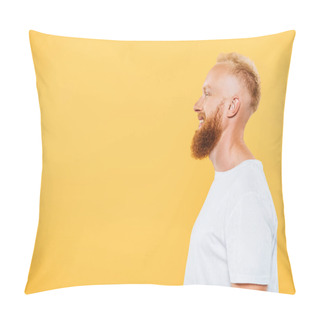 Personality Profile Portrait Of Happy Handsome Bearded Man, Isolated On Yellow Pillow Covers