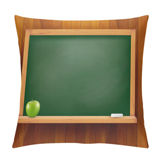 Personality  Blackboard With Green Apple On Wooden Background. Vector Illustration. Pillow Covers