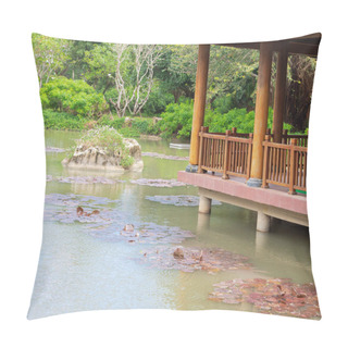 Personality  Tranquil Pond With Traditional Vietnamese Wooden Houses On Concrete Pillar Foundation, Palm Leaves Thatched Roofing, Raised Up On Stilts With Blossom Violet Water Lily Flowers, Garden Background. Asia Pillow Covers