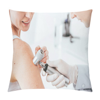 Personality  Cropped View Of Dermatologist Holding Dermatoscope While Examining Cheerful Woman With Skin Disease   Pillow Covers