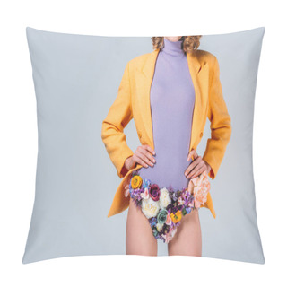 Personality  Cropped Shot Of Girl In Panties Made Of Flowers Standing With Hands On Waist Isolated On Grey Pillow Covers
