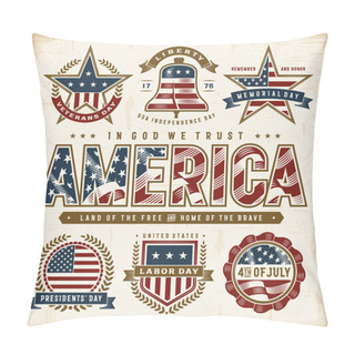 Personality  Vintage USA Patriotic Holidays Labels Set. Editable EPS10 Vector Illustration In Retro Woodcut Style With Transparency. Pillow Covers