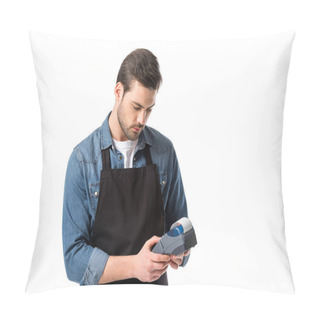 Personality  Portrait Of Waiter In Apron With Cardkey Reader In Hands Isolated On White Pillow Covers