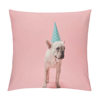 Personality  French Bulldog In Blue Birthday Cap On Pink Background Pillow Covers