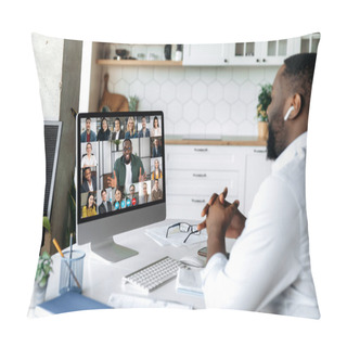 Personality  Video Conference. Online Meeting. Intelligent African American Business Man Sits At Work Desk At Home, Looks At The Computer Screen, Communicates By Video Call With His Partners, Discuss A Strategy Pillow Covers