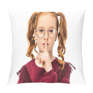 Personality  Adorable Child In Glasses Showing Hush Gesture And Looking At Camera Isolated On White Pillow Covers