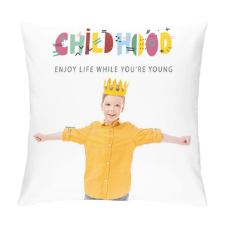 Personality  Happy Boy In Yellow Crown With Outstretched Hands Isolated On White With 