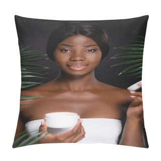 Personality  African American Woman With Cosmetic Cream Near Green Palm Leaves Isolated On Black Pillow Covers