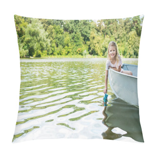 Personality  Beautiful Little Child Launching Paper Origami Boat While Floating In Boat On Lake Pillow Covers