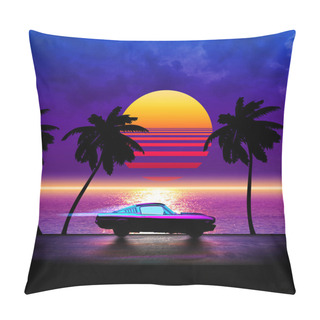 Personality  Retrowave Running Car On A Palms Road Near The Sea On A Sunset - Composite Illustration Pillow Covers